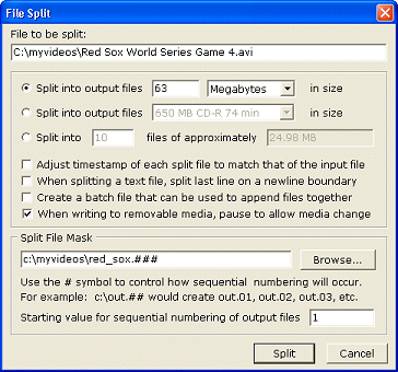 File Append and Split Tool - Split Dialog
